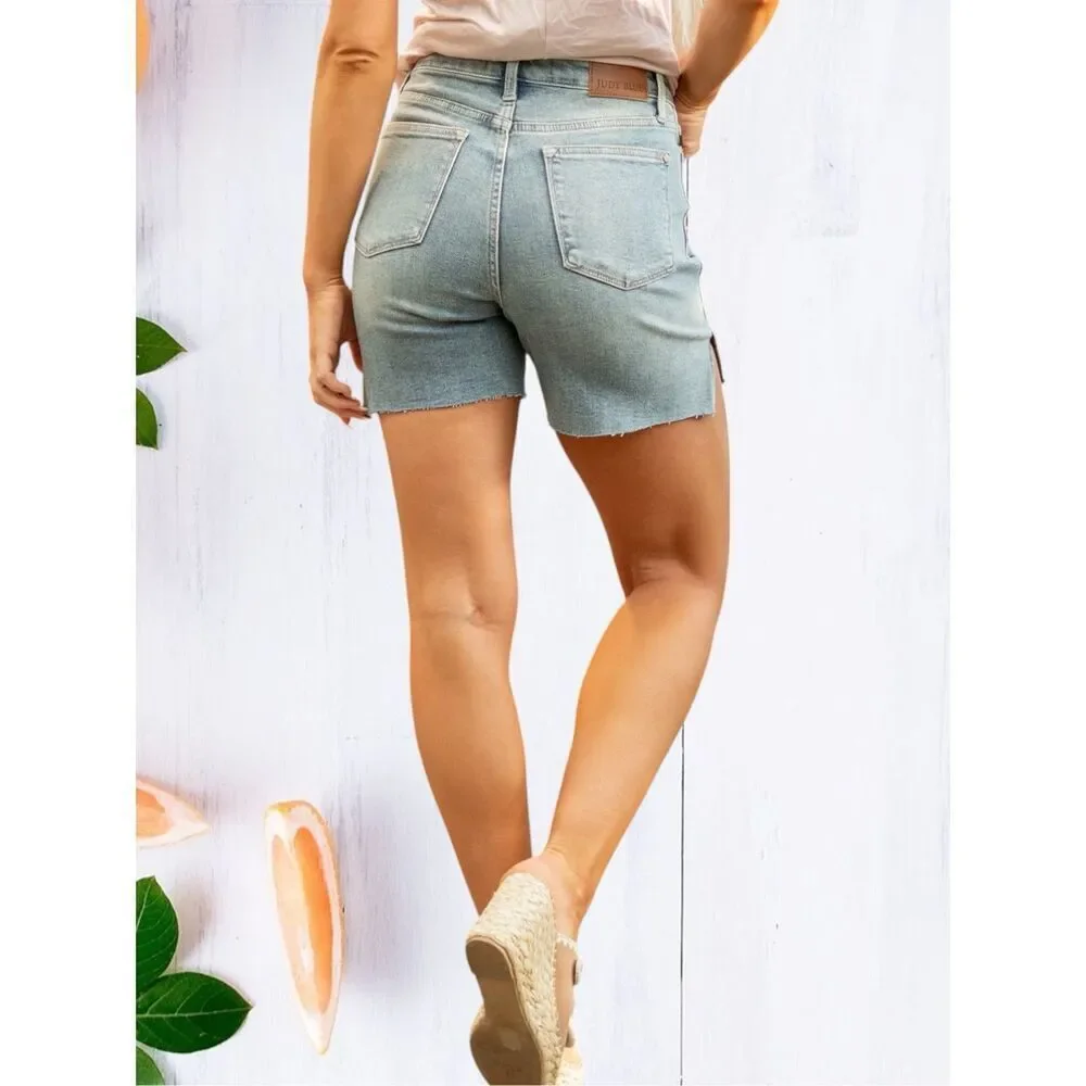 Judy Blue High Rise Side Slit Shorts Vintage Wash Raw Hem Stretch Denim NWT